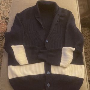 Kiton 5-Button Closure Navy/Ivory Striped Men’s Cardigan Sweater Size 54 US XL